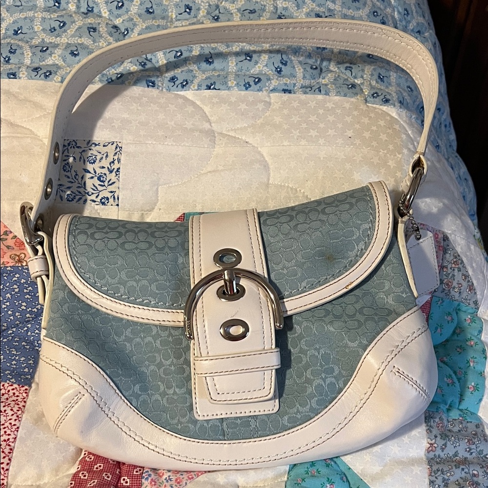 Coach Pale Blue Signature Canvas Shoulder Bag with White Trim